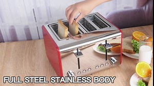 Toaster 4 slice,Extra-Wide Slot Stainless Steel Retro Red Toasters,6 Bread Settings,BAGEL/REHEAT/CANCEL/DEFROST,2 Removable Crumb Tray 2 Warming Rack