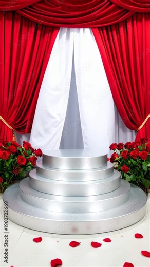 Circular stage with red roses and falling petals, draped in red and white curtains