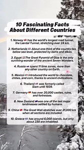 1. Norway 🇳🇴 The Lærdal Tunnel is indeed the world's longest road tunnel, measuring exactly 24.51 km (15.2 miles). It was designed with special blue and yellow lighting "caves" every 6 km to keep drivers from getting hypnotized or tired. 2. Netherlands 🇳🇱 Roughly 26% to 33% of the country is below sea level. In fact, if the dikes and pumps stopped working, about half of the country would be underwater. The lowest point is Zuidplaspolder, at 6.7 meters below sea level. 3. Egypt 🇪🇬 Of the or