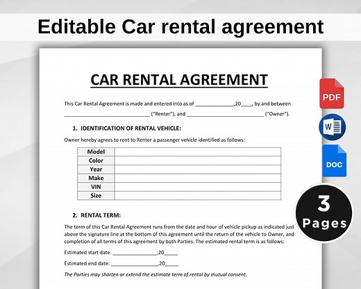 Car Rental Agreement Template Editable. Car Rental Contract. Printable Vehicle Lease Contract. Vehicle Rental Agreement PDF and MS WORD - Etsy