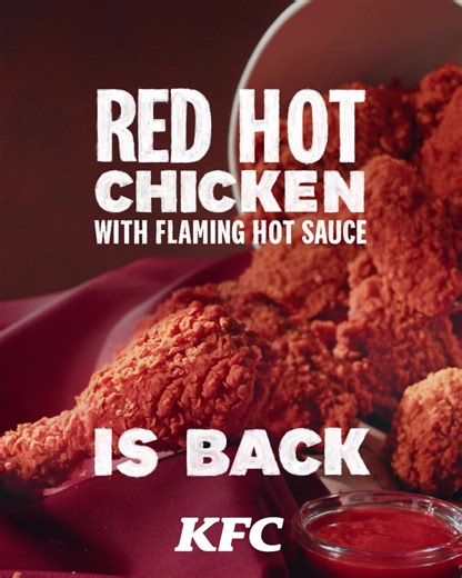 RED HOT NEWS FLASH: The KFC Red Hot Chicken is back to spice up your Lunar New Year celebrations and make it redder and hotter than ever before – featuring our signature Hot & Crispy marinated chicken coated with delicious Red Hot Breader that’s paired with our sweet and spicy Flaming Hot Sauce. Spicy rating: 🌶🌶🌶 | KFC
