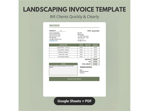Landscaping Invoice Template | Garden & Yard Billing Form | Google Sheets   PDF - Etsy