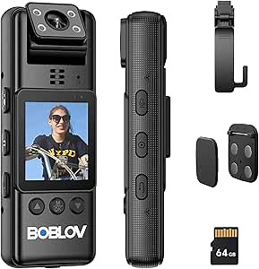 BOBLOV A23 64GB Body Worn Camera, 180° Rotate Video Camera with Night Vision,1080P Body Mounted Camera with Audio and Video Recording, HD Camcorder for Daily Records, Delivery/Serving Jobs