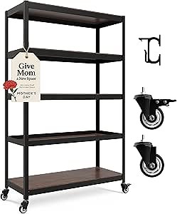 HOMEDANT House 48.1" 5-Tier Metal Rolling Cart Shelf Rack Casters Heavy Duty Laminated Wheel Shelving Unit Adjustable Utility Storage Shelves Shelf Kitchen Garage Black 1Pack