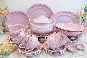 Traditional Pink Porcelain Dinner Set Pink Porcelain by LL for Six With Bouillon Soup Bowls and Saucers - Etsy