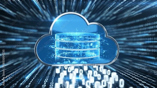 Cloud storage database server with glowing storage stack, data streaming across binary network, remote backup infrastructure and digital database backup connectivity conveying secure server storage