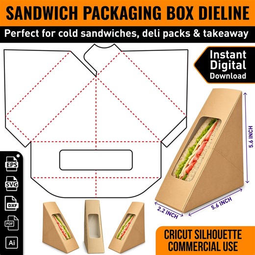 Sandwich Packaging Box Template | Window Deli Box Dieline (digital Download) - Etsy