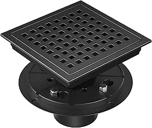 EXF 6-Inch Square Shower Drain with ABS Flange Base, Matte Black 304 Stainless Steel Floor Drain, Removable Grate and Hair Strainer for Modern Bathroom Remodels and Curbless Showers