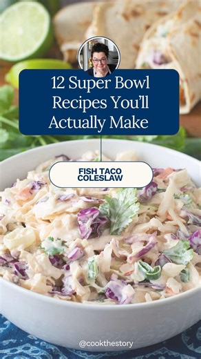 It’s Day 3 of 12 Super Bowl Recipes You’ll Actually Make and today I’ll show you how to make Fish Taco Coleslaw. This is excellent on fish tacos, but equally good on pulled chicken or pulled pork sliders, or even as a side. Comment ‘save’ and I’ll DM you the recipe. #superbowlsnacks #superbowlfoods #coleslaw #fishtacocoleslaw #sliders https://cookthestory.com/coleslaw-for-fish-tacos/ | Cook the Story