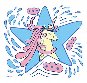 Illustration with cute unicorn and cloud in magical world. Cartoon...