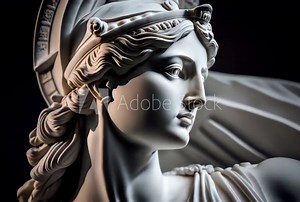 Renaissance marble statue of Athena. She is the Goddess of wisdom, warfare, and handicraft. Athena in Greek mythology, known as Minerva in Roman mythology.