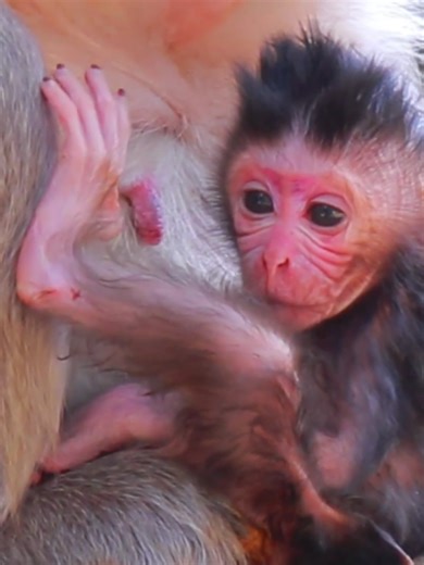 Curious Newborn Monkey Explores Its Leg