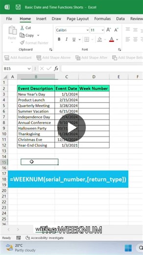 WEEKNUM[] Function in Excel! Discover the power of Excel s WEEKNUM function. Easily return the week number of a specific date, from 1 to 52 (or 54). Understand the different return_type arguments… | Daily Excel Tricks