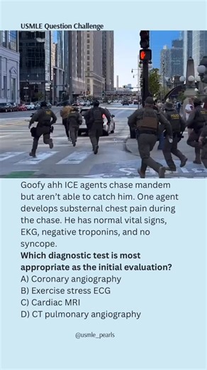 USMLE High-Yield Questions on Instagram: "ICE stands for I can’t exert 😂 ⸻ ✅ Answer B) Exercise stress ECG ⸻ 🫀 Why this is correct (Step 2 logic) This patient has: • Exertional chest pain • Normal resting ECG • Negative troponins • Hemodynamically stable • Able to exercise 👉 That’s INTERMEDIATE pretest probability for CAD. 📌 First step = noninvasive functional testing ➡️ Exercise stress ECG is the correct initial test when: • Patient can exercise • Baseline ECG is interpretable ⸻ ❌ Why the o