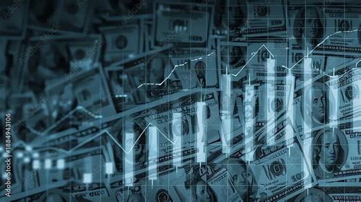 Financial charts and graphs overlaid on a pile of US dollar bills, representing economic growth and investment.