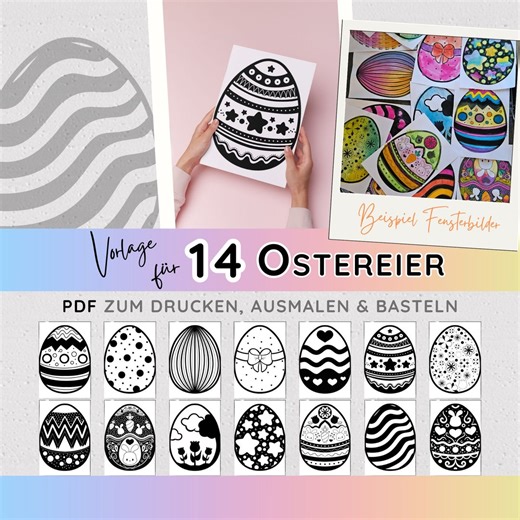 Kids' Craft Template - 14 Easter Eggs - for Coloring | DIY Easter Window Decorations | Like Paper Cutting | Pattern | PDF Instant Download | Easy - Etsy