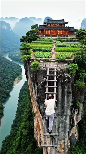 Man Climbs Epic Ladder to Cliffside Home & Garden on Floating Island