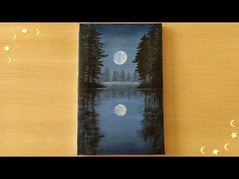 Relaxing Acrylic Painting 🎨 | Night Landscape with Moon & Lake
