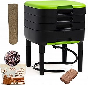 WormBox TinyWorm Design & Compact I 3-Etagen-Wurmkomposter. I 250gr Kompostwürmer / 500 STK. I Komplett-Set I Schublade I Kunststofffüße