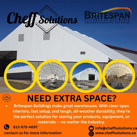 Britespan buildings are versatile, durable, and efficient structures widely used across various industries, especially for warehousing and storage needs. These buildings utilize a fabric-covered steel frame design, offering quick installation, flexibility in size, and cost-effectiveness compared to traditional construction. Les bâtiments Britespan sont des structures polyvalentes, durables et efficaces, largement utilisées dans divers secteurs, notamment pour les besoins d’entreposage et de stoc