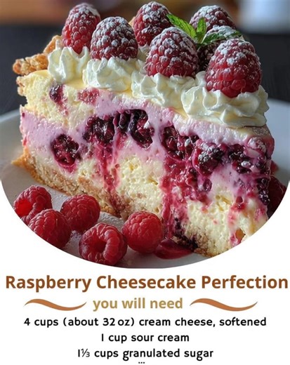 Raspberry Cheesecake Perfection "As I pulled this beauty from the oven, the sweet aroma filled the kitchen, and my kids rushed in, eyes wide with excitement. One slice in, and we all agreed: this is our new family favorite!" This Raspberry Cheesecake Perfection is a delightful blend of creamy and fruity, making it the ultimate indulgence for any occasion. Ingredients 2 cups crushed graham crackers 1 cup cream cheese, softened 1 cup fresh raspberries ¾ cup granulated sugar Reacipe in First Coʍmеո