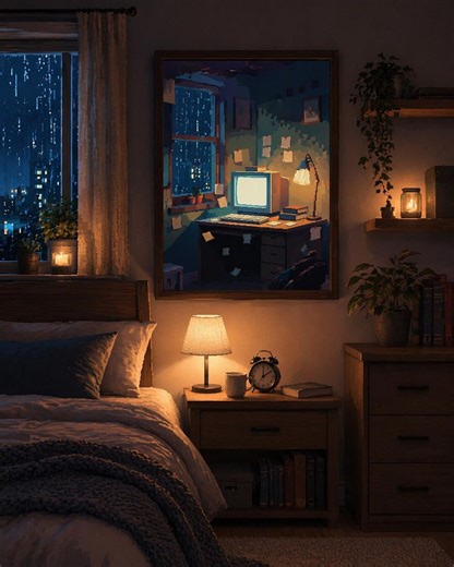 Memory of a Rainy CRT Night Pixel Art Print, Cozy Retro Computer Room Decor, Rainy Window Wall Art, Digital Download - Etsy