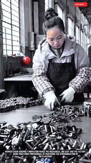 Worker assembling machine chains with locking pins for precise and strong connection results