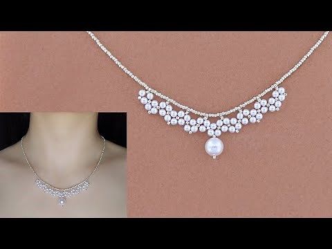 DIY Elegant Pearl Beaded Necklace. Pearl Beaded Lace Pendant Necklace. Beading Tutorial 珍珠串珠项链