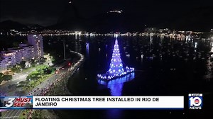 Massive floating Christmas tree constructed off Botafogo Beach in Rio de Janeiro