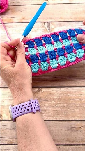Try the crochet block stitch, it’s so fun + colorful! 🩷🩵💙 #fiberflux