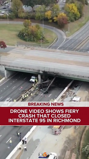 Drone video shows the aftermath of a fiery fatal crash that still has parts of Interstate 95 in Richmond, Virginia, closed Wednesday. The crash involved two tractor-trailer trucks, according to Virginia State Police. One truck was carrying beams and one of the beams fell off the truck and struck a septic truck also on I-95 south near the Belvidere Street bridge, according to police. The septic truck flipped and caught fire. The driver of the truck was killed, police said. A man who witnessed the