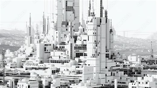 A cityscape with a tall building in the background. Tomorrow city landscape, modular architecture, advanced urban design principles, next generation elegant minimalism