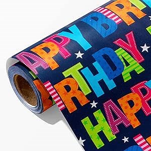 Garbendy Birthday Wrapping Paper - Mini Roll - 17 InchX 32.8 Feet - Colorful Happy Lettering On Blue Paper Design Gift Paper Perfect for Boys Girls Birthday,Baby Shower, Party