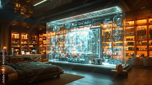 A futuristic furniture store showcases a holographic catalog displayed in a large glass case. The room is dimly lit with warm light coming from the shelves.