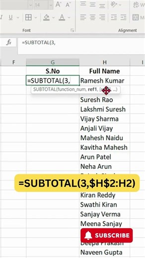 How to Fix Serial Numbers After Deleting Rows in Excel | Auto Update Trick #shortsfeed #subtotal