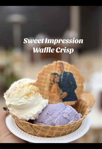 Wait… that’s a wedding photo 😭🤍 Printed onto a golden waffle crisp and placed as an ice cream topper for our sundae bars. Cali Cream just changed the dessert game. 🍦✨ and debuted it today at @River Garden Weddings & Events