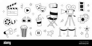 Movie, cinema doodle icon illustration. Doodle hand drawn sketch style movie elements, popcorn, video camera, clapperboard. Vector line illustration Stock Vector Image & Art - Alamy