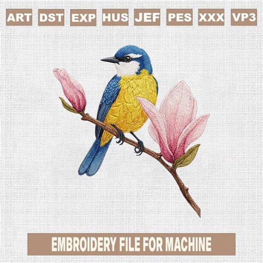 Blue Bird Embroidery Design, Bird on Branch With Magnolia Flowers, Realistic Bird Embroidery Pattern, Floral Bird Machine Embroidery - Etsy