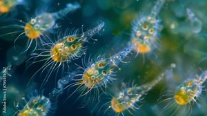 A group of ciliates microscopic organisms with hairlike structures called cilia are seen under a microscope. The ciliates move rapidly . AI generation.