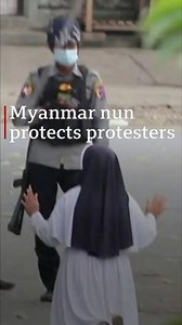 “I insisted that I couldn’t take seeing people suffering anymore.” Sister Ann Rose Nu Tawng, a Catholic nun who made headlines for kneeling in front of police in Myanmar as she tried to protect young protesters, has spoken to the BBC about her act of bravery. https://bbc.in/2OIzuym | BBC News