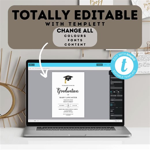 Graduation Party Invitation - Modern Minimalist Editable Template, Printable High School/College Invite, Instant Download Celebration: CG12