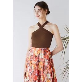 Criss Cross Straps Halter Knit Top in Brown