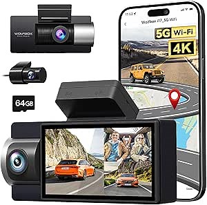 WOLFBOX 4K 3 Channel Dash Cam Built-in 5G WiFi GPS, 4K+1080P+1080P Front and Rear Inside，64GB Card Included, Triple Car Camera with 3 Inch Screen, IR Night Vision, G-Sensor, 24H Parking Mode