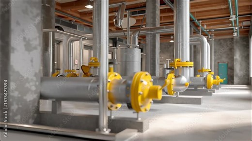 Industrial piping controlling network fluid systems within manufacturing facility infrastructure video 4k