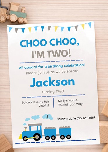 Choo Choo I’m Two Birthday Invitation | Train 2nd Birthday Invite | Editable Canva Template | Printable or Digital - Etsy