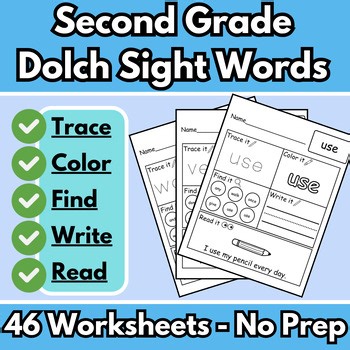 Second Grade Dolch Sight Word Worksheets | 46 No-Prep Practice Pages