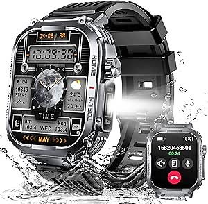 Bassizo Military Smart Watch for Men 3ATM Waterproof with Call/LED Flashlight 2.02" HD Big Screen Rugged Tactical Smartwatch with Compass Fitness Tracker with HR/SPO2/Sleep Monitor for iPhone Android