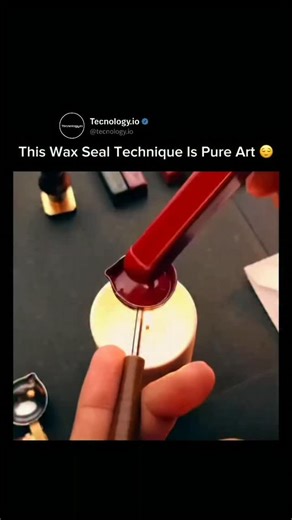 tecnology.io on Instagram: "This is a traditional wax-sealing technique used by professional calligraphers to finish handwritten letters with a personal and elegant touch. The process starts by gently melting sealing wax over a flame until it reaches the perfect consistency. The wax is then poured onto the envelope and pressed with a custom metal seal, creating a raised imprint before it cools and hardens. Wax seals were historically used to secure documents and verify authenticity, but today th