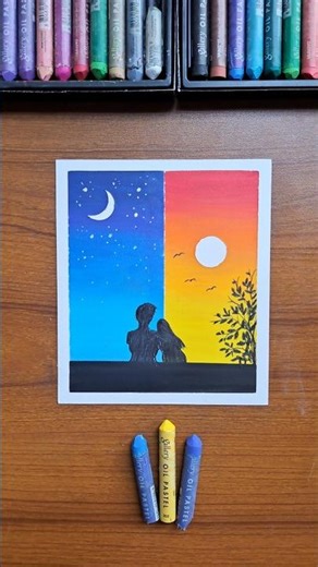🌙☀️ Love Beyond Time | Day & Night Couple Drawing in Oil Pastels 💞 #art #oilpastel