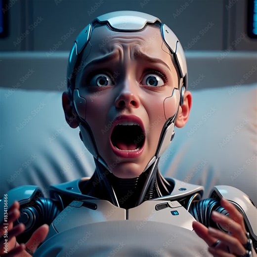 robot waking up abruptly from a nightmare, sitting up in bed in shock